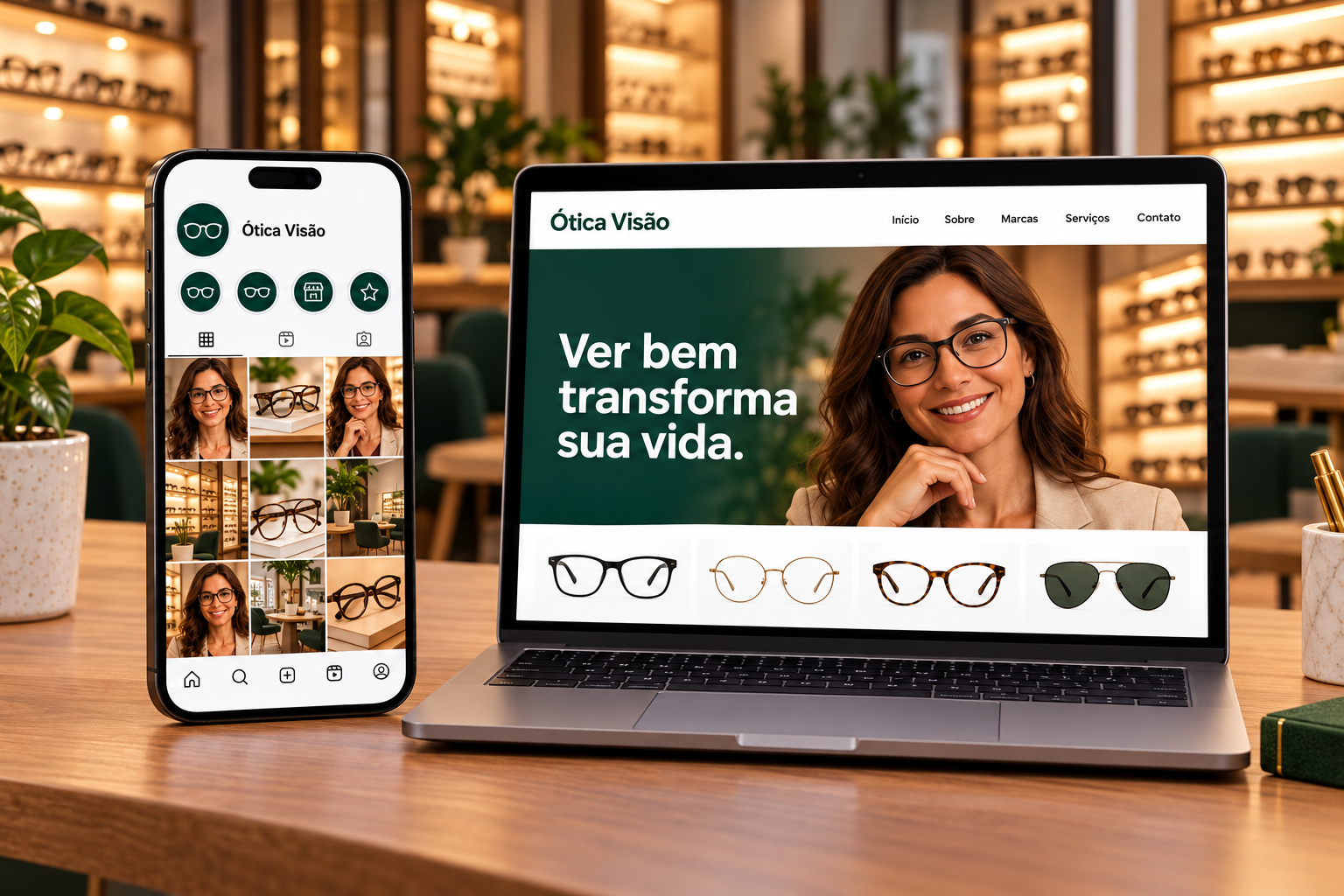 Mockup ilustrativo em alta resolução: Instagram e página institucional da ótica em um celular e notebook completos.